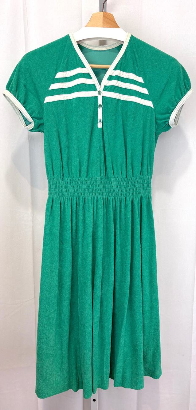 VICKY VAUGHN Junior Vintage 70s Sporty Midi Dress Short Sleeve Green White XS 9